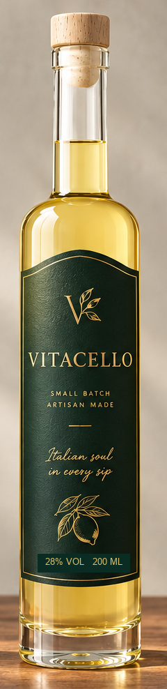 A bottle of Lifwynn Vitacello: clear glass with a pale cork, golden spirit and a deep green label